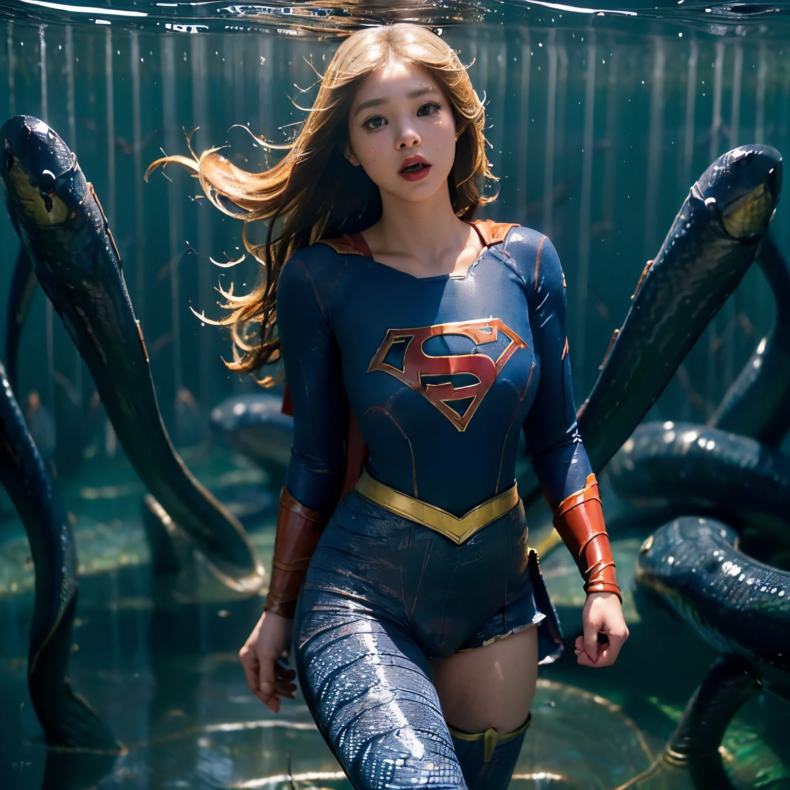 Beautiful Supergirl portrait、(Accurate Supergirl costume:1.3)、Glaring at the enemy、Open your mouth、Thigh、(Emphasize large breasts:1.3)、Studio shot、White background、Sunlight、front、Swamp、(Countless slugs crawling on my body:1,6)、(Slugs in the mouth:1.6)、