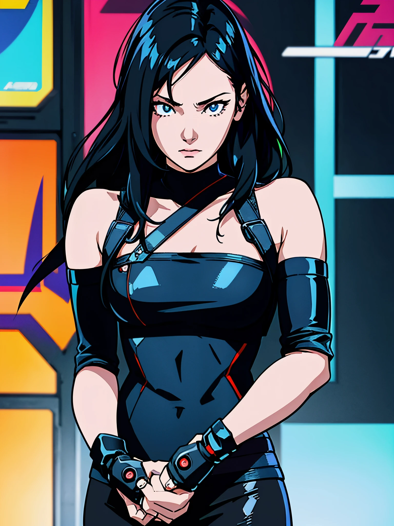 digital art drawing, illustration of (girl, long dark black hair mid part, brown eyes, happy facial expression, flat chest, light blue and black corsette, single arm black sleeve, cyberpunk 2077), anime drawing/art, bold linework, illustration, digital art, masterpiece, flat illustration, no shadows, 8k resolution, high detail, vector art, only anime, perfect eyes, perfect hands, perfect fingers, sharpness, high clarity, medium close up, high fidelity