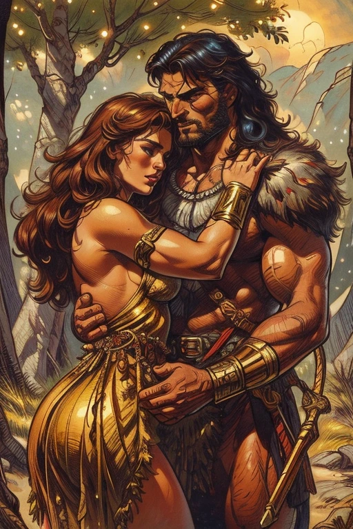 (best quality,4k,8k,highres,masterpiece:1.2),ultra-detailed,(realistic,photorealistic,photo-realistic:1.37),handsome barbarian,romantic and vintage,vintage romance novel cover,strong and passionate,warm,breathtaking sunset,muscular arms,beautiful detailed eyes,lovely detailed lips,vivid colors,vibrant palette,gentle love,historical setting,fierce determination,soft golden light,emotional connection,wild and untamed-haired man in fur armor,gently cradling a woman,feeling safe and protected,whispering sweet words,warm embrace,love story unfolding,captivating expression,touch of mystery,atmosphere of desire,heart-pounding chemistry,subtle hint of danger,enchanted forest in the background,majestic trees and shimmering leaves,yearning for adventure and love,historical romance,enchanting longing,melancholy undertones,secrets waiting to be revealed,vulnerability and strength,tender moments frozen in time,passionate and timeless love story,captured essence of desire,storybook romance,vintage atmosphere,memorable and captivating,embodying passion and love.