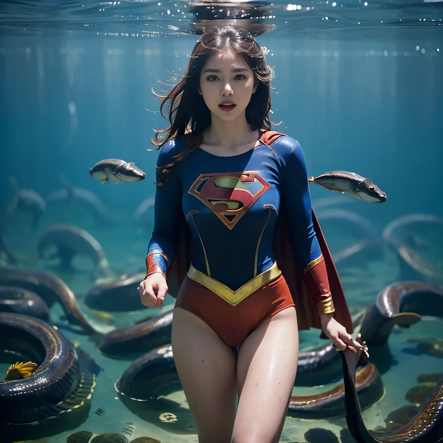 Beautiful Supergirl portrait、(Accurate Supergirl costume:1.3)、Glaring at the enemy、Open your mouth、Thigh、(Emphasize large breasts:1.3)、Studio shot、White background、Sunlight、front、Swamp、(Countless slugs crawling on my body:1,6)、(Slugs in the mouth:1.6)、