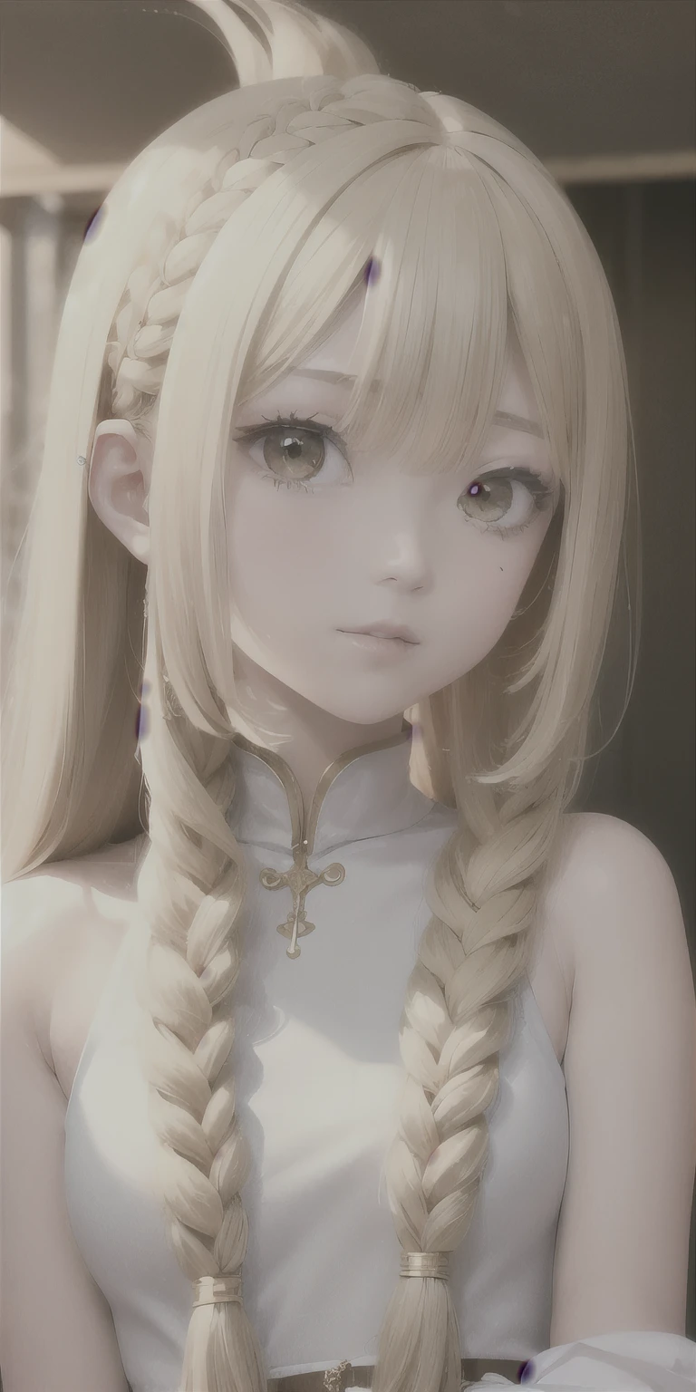 highest quality, masterpiece,白hair, Golden Eyes,White clothes, look up, Upper Body,hair,Fair skin,Side braid