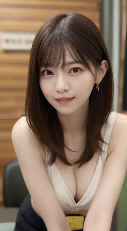 Tabletop, highest quality, figure, Very detailed, In detail, High resolution, 8k wallpaper, Perfect dynamic composition, Beautiful fine details,Wavy long hair,Small breasts、Natural color lip, Bold  pose,smile,Late night office、20-year-old girl、Very beautiful face、Subjects striking  poses for the camera，Sculpture model pose