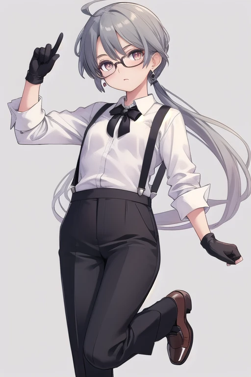 ((highest quality)), ((masterpiece)), (be familiar with),One girl,Chile,White Eyes,Earrings,Small breasts,Flat Chest,Black tie,shirt,White shirt,suspenders,Black gloves,Black trousers,shoes,good looking,Glasses,
