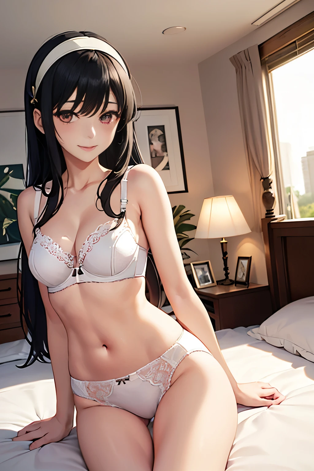 masterpiece、highest quality、High resolution、1 girl、Her Room、(alone)、(Beautiful long black hair)、Bright red eyes、blush、smile、slender、Thin thighs、((yor_briar_spyxfamily、hair band、Jet Black Hair、Collapsed in bed、Underarm、The flanks are visible、I can see your waist、Sidelit、Open dress、Slingshot))、(((No underwear)))