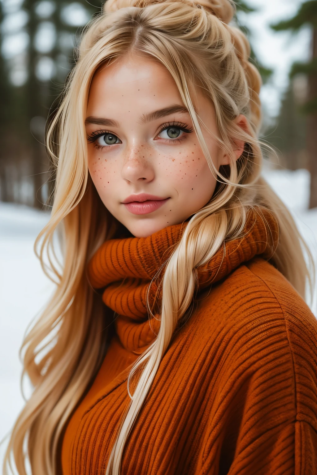 Professional portrait photo of gorgeous Norwegian girl in winter clothes with long wavy blonde hair, sultry flirty look, freckles, gorgeous symmetrical face, cute natural makeup, wear elegant warm winter fashion clothes, I'm standing on a snowy city street
