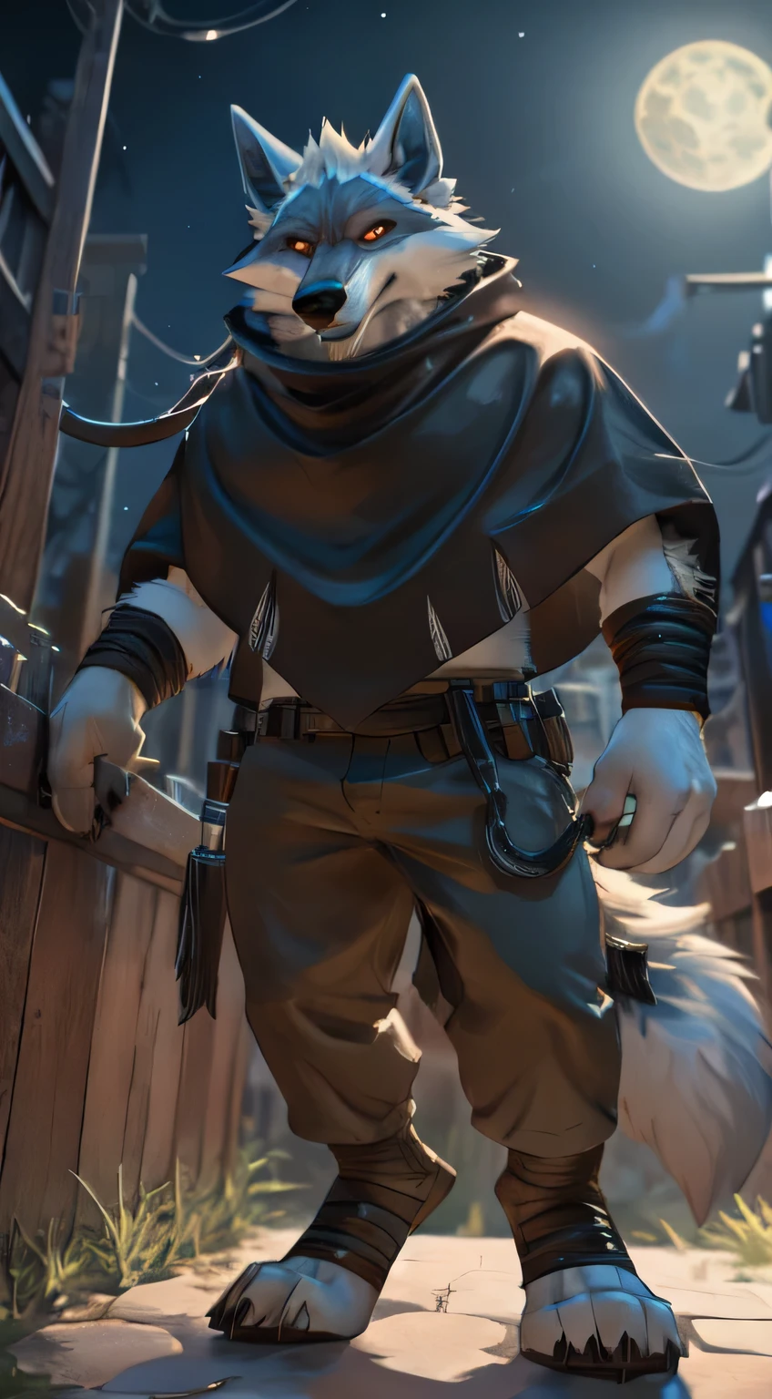 death (puss in boots), male, hyper muscular, wolf, canid, fluffy, standing, night, forest, claws, paws, low angle view, long hair, black sclera, red eyes, tail, front view, action pose, (black poncho:1.2), clothed, bottomwear, pants, belt, white body, black fur, black fur, grey fur, forest, moonlight night,
BREAK,
by virtyalfobo, by anchee, by snowskau, by foxovh, by sabretoothed ermine, (intricate, high detail, film photography, soft focus, RAW candid cinema,
photorealism, realistic, photorealistic, analog style, subsurface scattering,
masterpiece, best quality, ultra realistic, 8k)