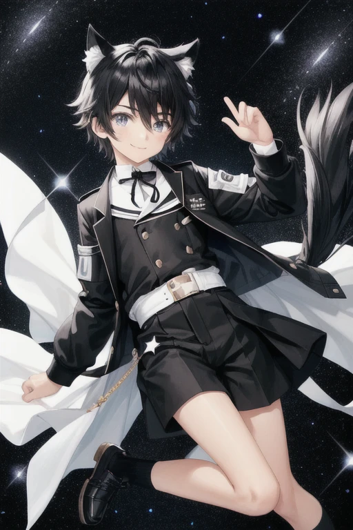 A boy is floating in space and showing us his left palm. A boy around 13 years old with black cat ears and a tail. Black hair, black eyes. With sparkling eyes full of hope, it floats in the air and stares at you with a smile. It was a jacket that looked like something between a black and white coat and a sailor uniform, with a flat black and white string hanging down the chest, a white collar, and a black belt hanging from the waist. Black shorts, black shoes, and long black socks. The background is a starry sky. Added a sparkling small starry sky-like effect to the entire image.