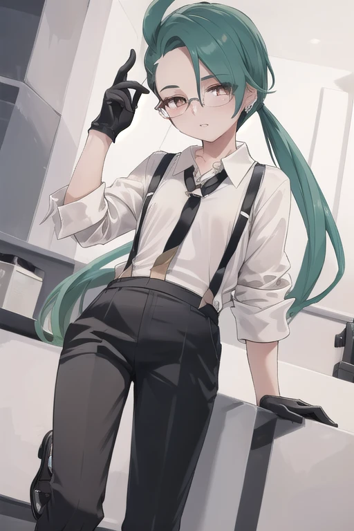 ((highest quality)), ((masterpiece)), (be familiar with),One girl,Chile,White Eyes,Earrings,Small breasts,Flat Chest,Black tie,shirt,White shirt,suspenders,Black gloves,Black trousers,shoes,good looking,Glasses,