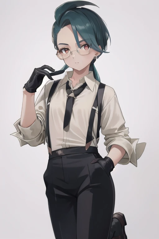 ((highest quality)), ((masterpiece)), (be familiar with),One girl,Chile,White Eyes,Earrings,Small breasts,Flat Chest,Black tie,shirt,White shirt,suspenders,Black gloves,Black trousers,shoes,good looking,Glasses,