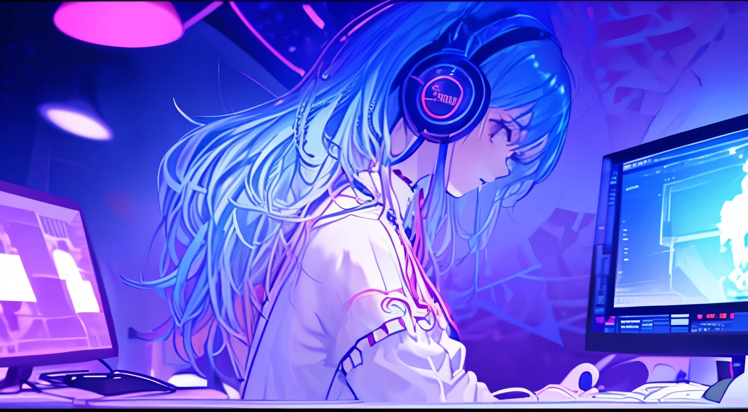 (masterpiece、top-quality、top-quality、watercolor paiting(afro)、Official Art、Beautifully Aesthetic:1.2)、(1girl in:1.3)、(Fractal art:1.3)、The upper part of the body、from side、looking at a computer、patterns、(blue-colored hair、colourful hair、Half blue and half pink hair:1.2)、Eau、colourfull、cyber punk、Operating a computer while listening to music with headphones on.