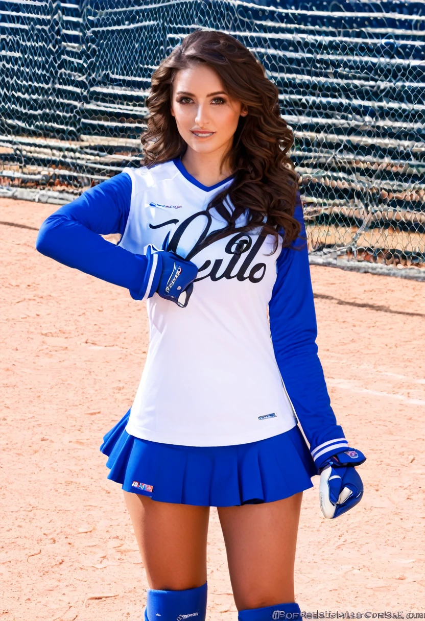 xoaeriel, a beautiful woman with wavy brown hair, ojos grandes, ojos azules, nariz redonda, vistiendo un cohete de equipo,uniforme del equipo cohete,falda blanca,letra roja R,top corto,medias negras hasta el muslo,guantes negros hasta el codo,hiperealista