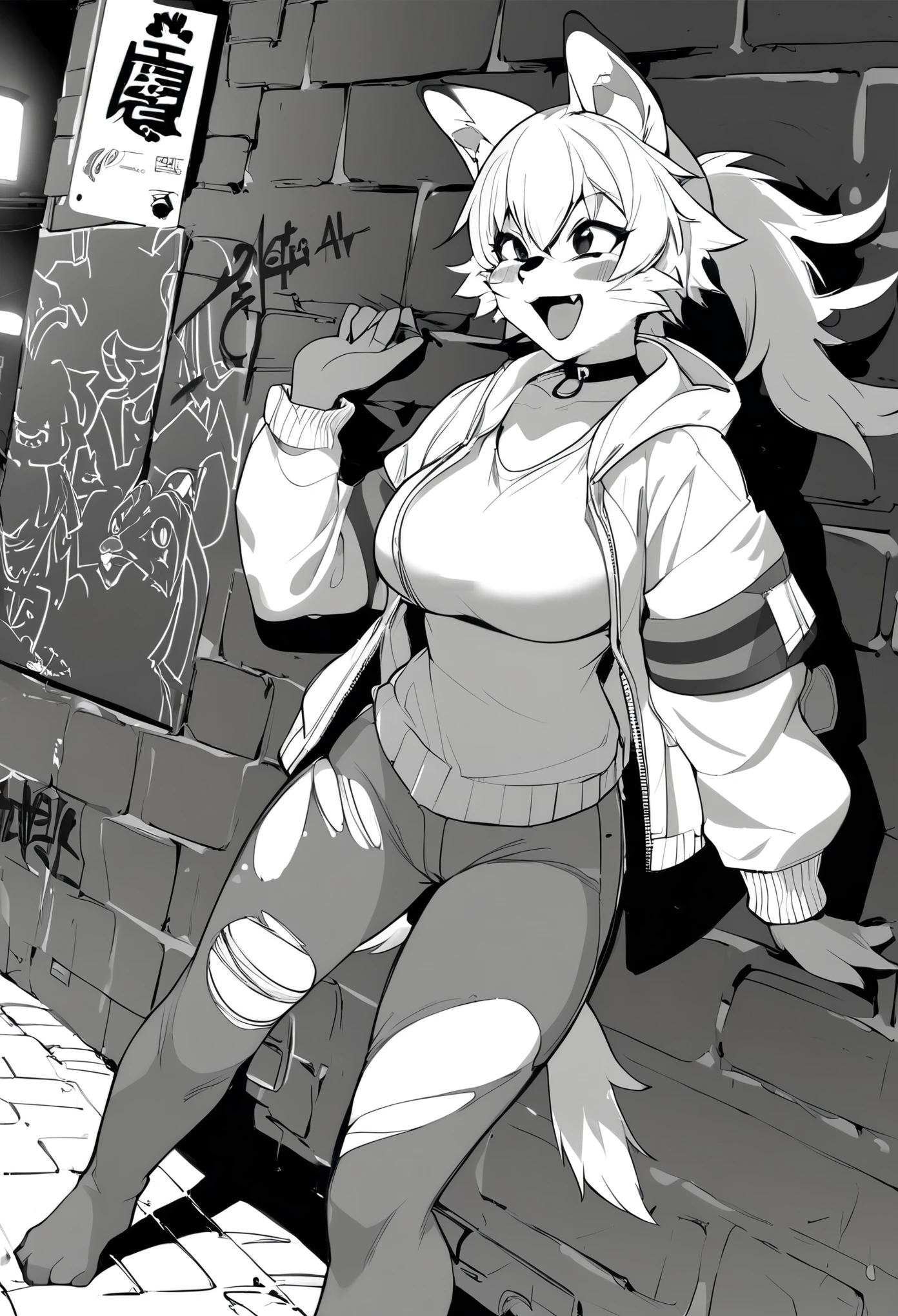 cover page, highres, top quality, best quality, paid reward available, unparalleled masterpiece, perfect artwork, absurdres, High-quality illustrations, laughing, perfect anatomy, lineart, monochrome, 1girl, kemono, furry, anthro, choker, shirt, torn legwear, open jacket, against wall, brick wall, graffiti, dim lighting, alley, dynamic angle,