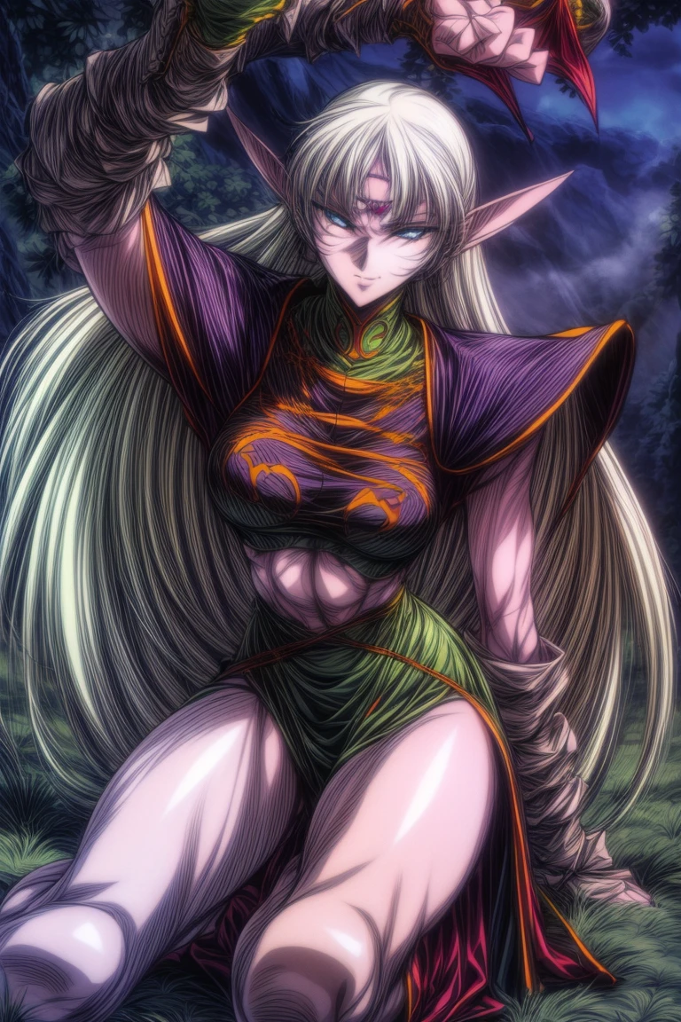 ((best quality)), ((masterpiece)), (detailed), perfect face,1girl,solo,seductive eyes,naughty eyes ,arched eyebrows ,closed mouth,looking at viewer ,slightly smiling ,toned,abs,female warrior ,elf ears,tanned,long hair ,Blonde hair,expressive hair ,female berserker ,female warrior,feminine and muscular ,barefoot,fighting stance ,sexy pose,alluring woman,forest,detailed lighting,scenery,high quality ,tall woman,huge calves,thick thighs ,bright pupils ,slit pupils ,