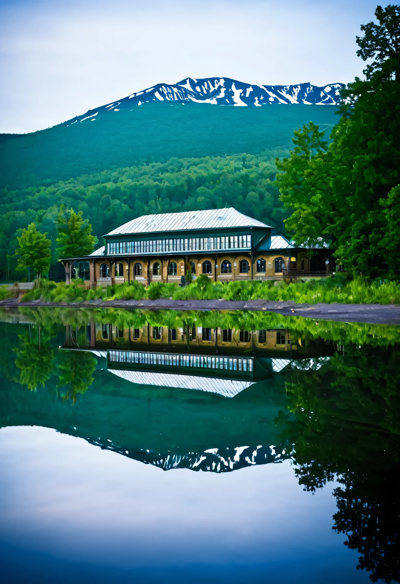 A railroad station reflecting off a nearby lake