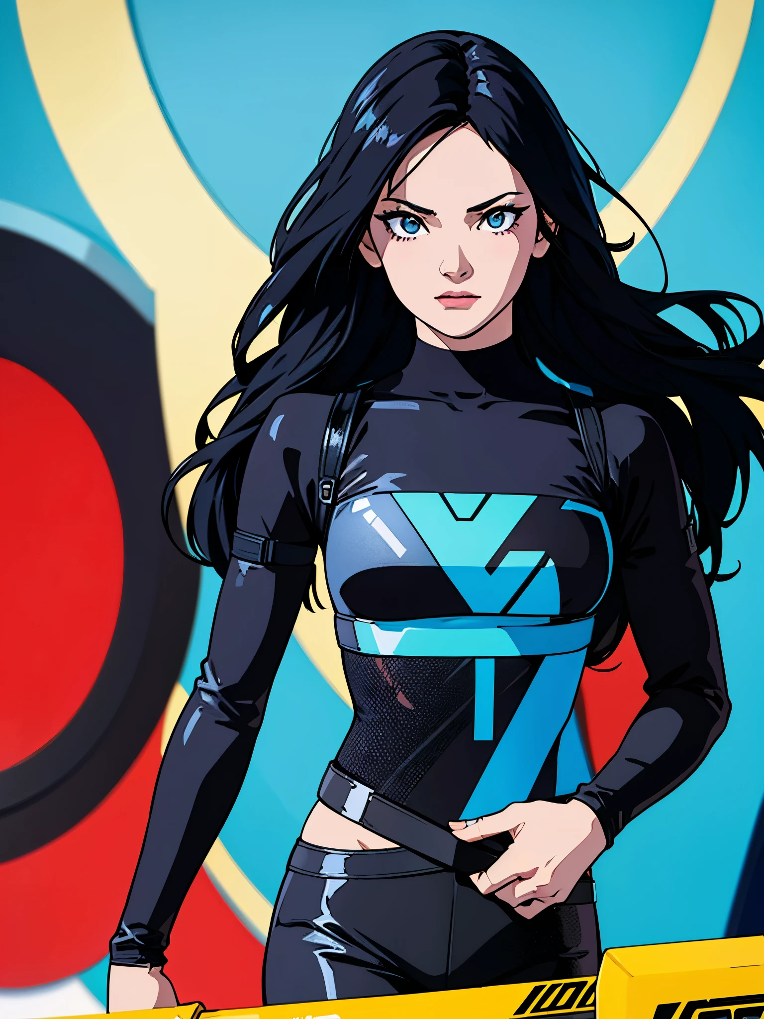 digital art drawing, illustration of (girl, long dark black hair mid part, brown eyes, sexy facial expression, flat chest, light blue and black corsette, single arm black sleeve, cyberpunk 2077), anime drawing/art, bold linework, illustration, digital art, masterpiece, flat illustration, no shadows, 8k resolution, high detail, vector art, only anime, perfect eyes, perfect hands, perfect fingers, sharpness, high clarity, medium close up, high fidelity