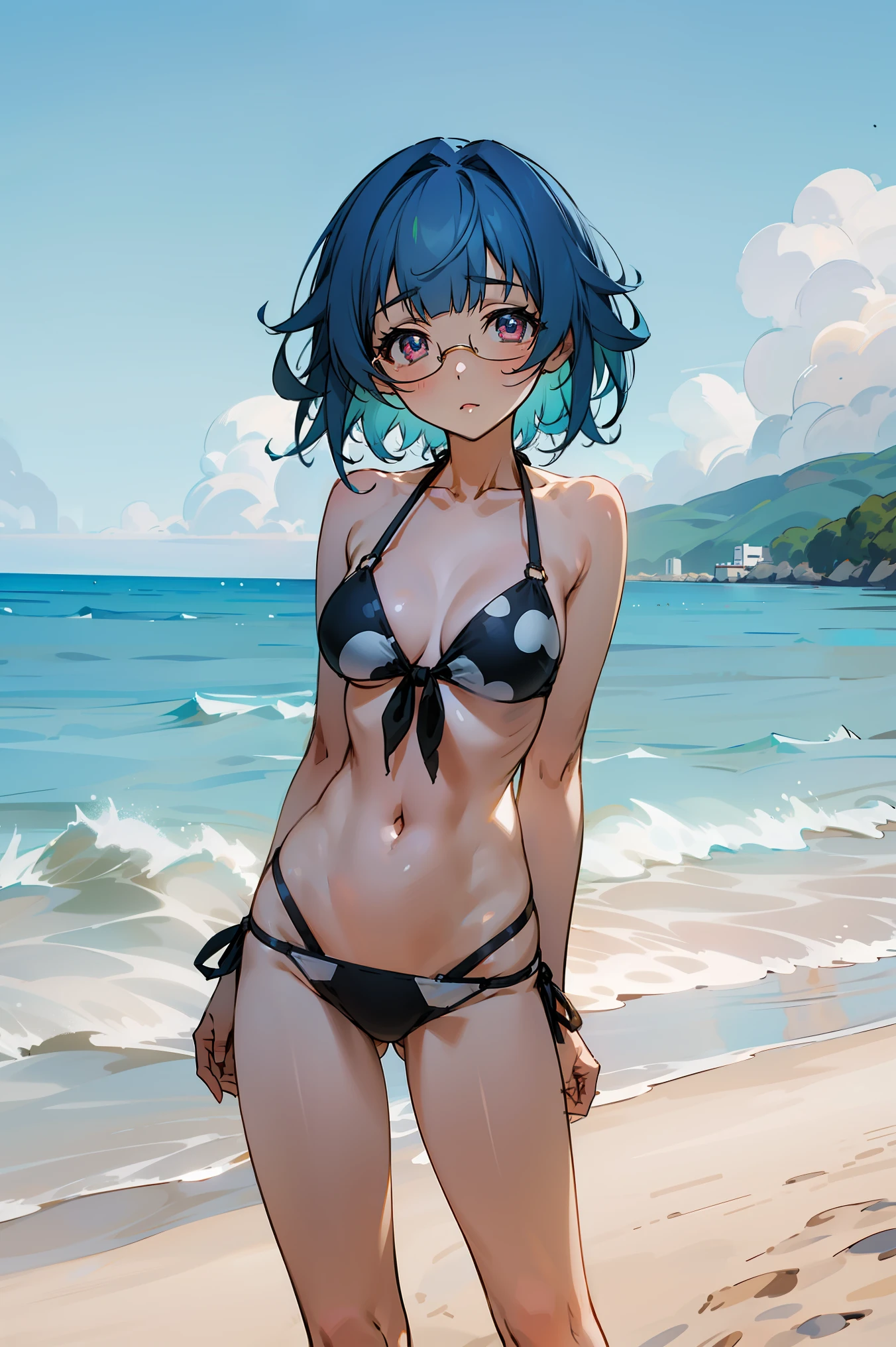 sarashiki kanzashi,1girl,solo,short hair,blue hair,red eyes,glasses,bangs,medium hair,
BREAK (front-tie bikini:1.2),
BREAK (outdoor,Blue sky,White cloud,beach,shore,seawater:1.2)
BREAK standing,arms behind back,
BREAK (masterpiece:1.2), best quality, high resolution, unity 8k wallpaper, (illustration:0.8), (beautiful detailed eyes:1.6), extremely detailed face, perfect lighting, extremely detailed CG, (perfect hands, perfect ???????),
