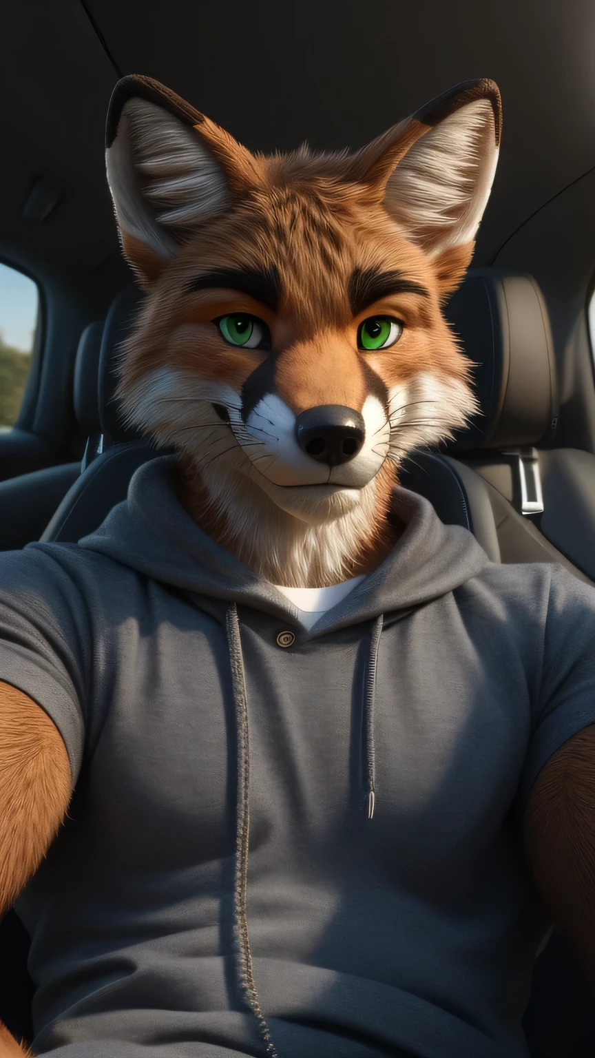 An 18 year old muscular teenage Fox male fursuit alone in the car and wearing a random outfit looking at the viewer and green eyes