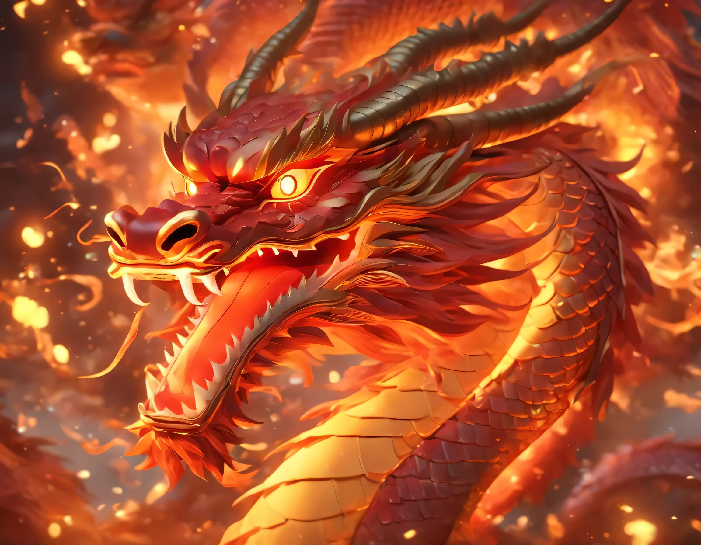 Chinese dragon, Very very long, Red Gold, face camera, float, hangs in the air, bending, Meander, Lovely, cartoon, Blind Box, 3D, C4D, Cubism, Pixar, Pixar, Cubism, Chiaroscuro, Movie Lighting, Wide-angle lens, 8k, best quality, The award-winning, high resolution, High Detail