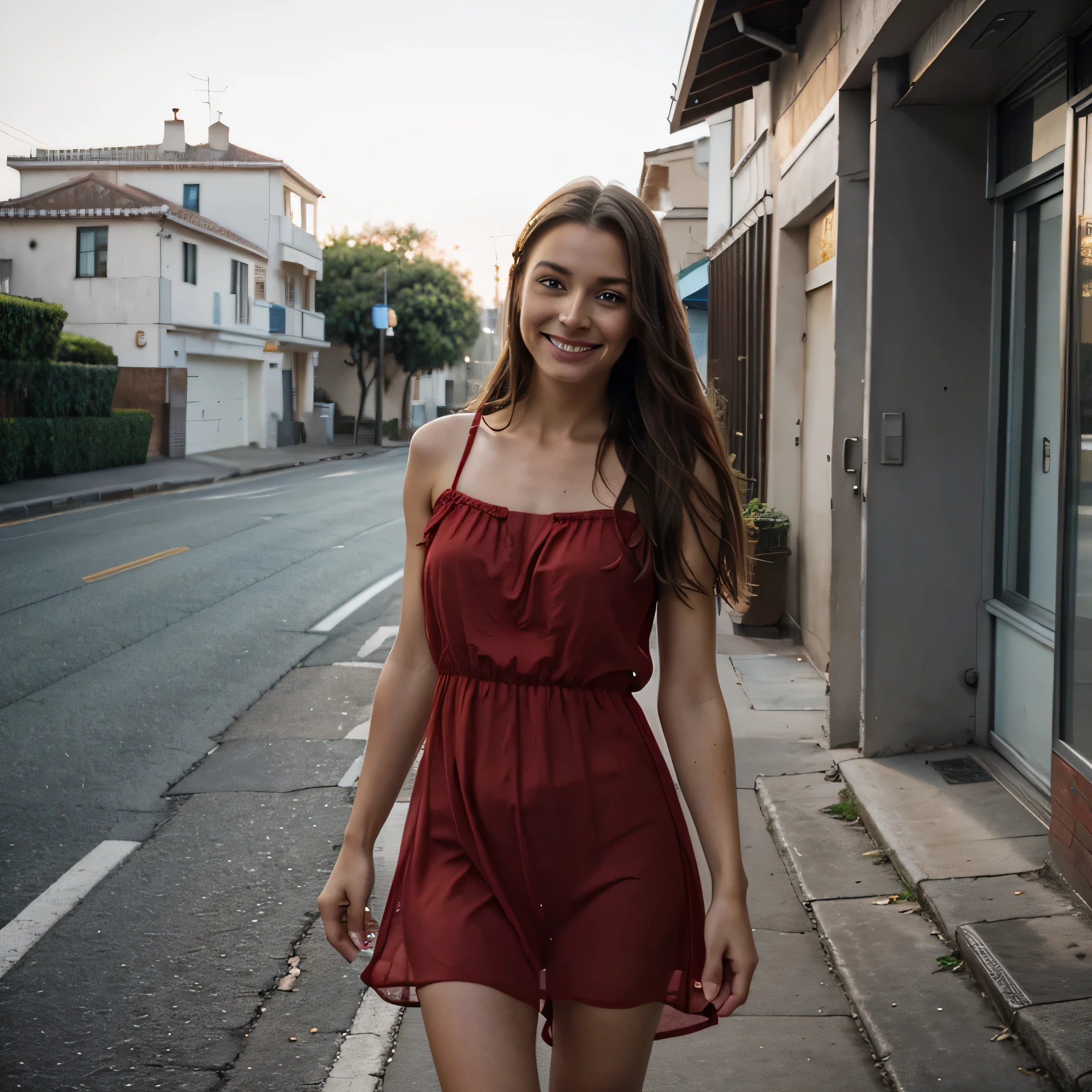 ((smile)). European woman smiling looking at the camera in full length, breast size 3, brown long hair, blue eyes, natural skin texture, 24 mm, 4k textures, soft cinematic light, Raw-Photo, photorealism, photorealistic, difficult, elegant, very detailed, ((((cinematic look)))), soothing tones, crazy details, difficult details, hyper-detailed, low contrast, soft cinematic light, ((to the streets to the sea, white yacht)), on the street near the sea ((girl wears red chiffon dress))