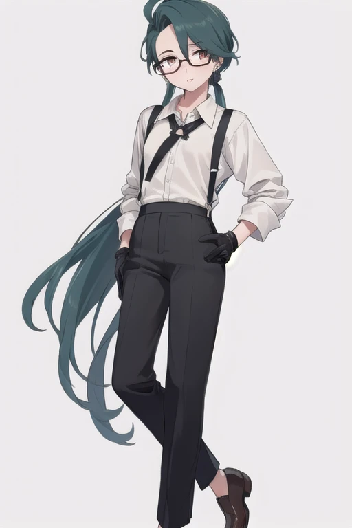 ((highest quality)), ((masterpiece)), (be familiar with),One girl,Chile,White Eyes,Earrings,Small breasts,Flat Chest,Black tie,shirt,White shirt,suspenders,Black gloves,Black trousers,shoes,good looking,Glasses,