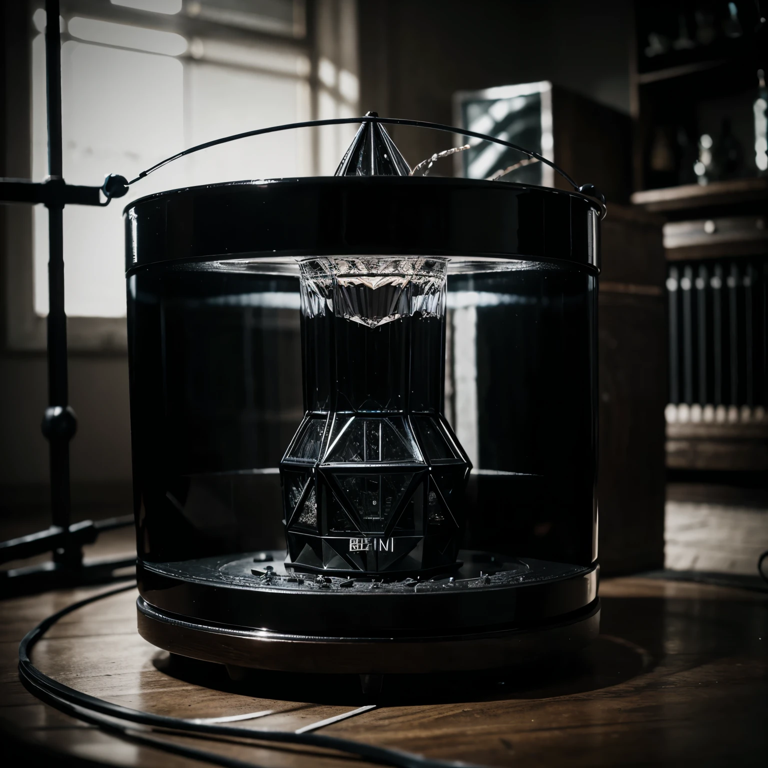 A dark gothic machine composed by a becher with a Brin insieme linked to a Crystal by wires