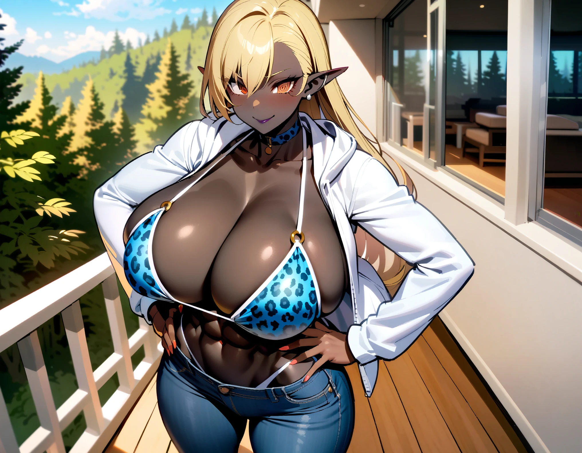 masterpiece, best quality, extremely detailed, 1girl, milf, solo, (muscular, abs:1.2), (dark skin, black skin:2), Chun-Li, (huge breasts:1.35), ((((blonde hair), long hair, brown eyes, pointy ears))), red lips, (((choker,white hoodie, open hoodie, bikini, blue leopard print bikini, jeans))), ((@_@, naughty smile), closed mouth), ((hands on own hips, balcony, forest))