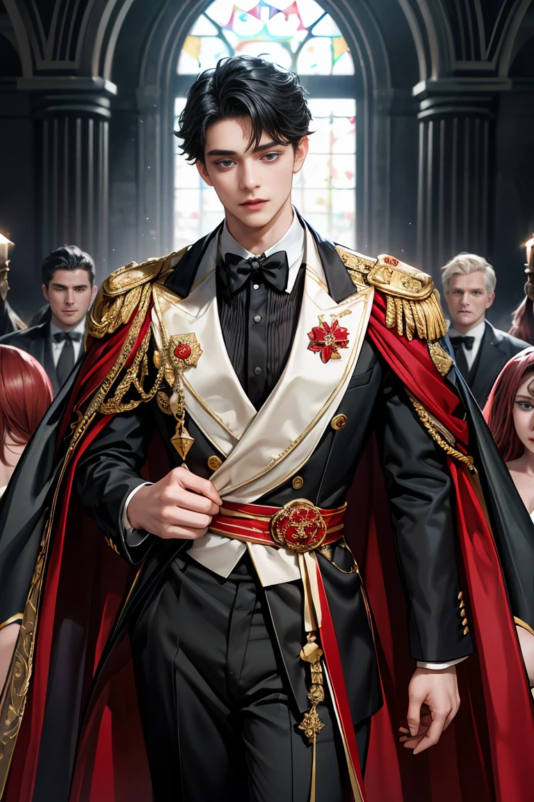 
masterpiece, 最high quality, high quality, 1 boy, alone, Male focus, Watching the audience,  Messy black hair, Adorable big blue eyes, White, Noble, Noble, Beautiful Vampire、Tuxedo、A very voluminous, large, very large, very large, long, long red and black cape with a high stand-up collar, made of a lot of fabric that reaches down to the floor., 17 years old,Cute beautiful boys,Cute, cute, kind, handsome guy