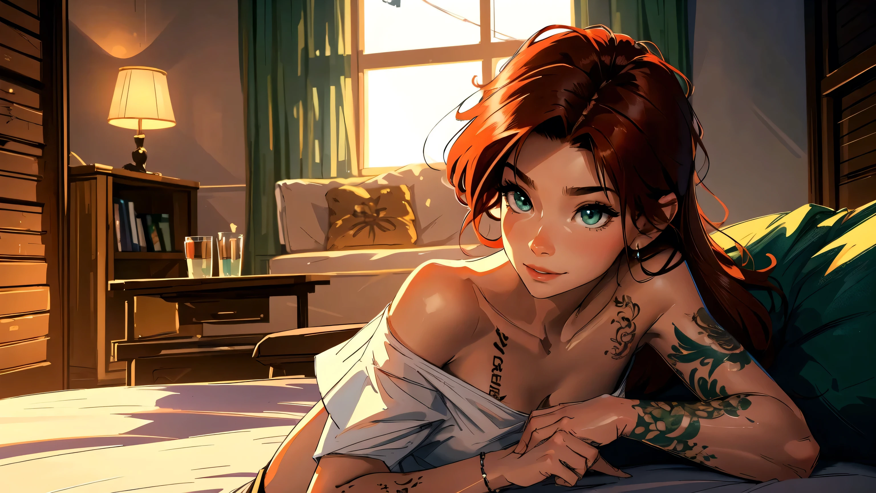 high resolution, Soft light,1womanl, Solo, Hips up, (Detailed face),tattoo, jewelry, t-shirt with rough chest, Beautiful soldiers, Grab the audience's eye, Lover's perspective, Invitation expression, Sexy smile, Perfect style, Perfect balance, Detailed skin, mischievous gaze, chest visible,red hair ,green eyes (super detailed hair)