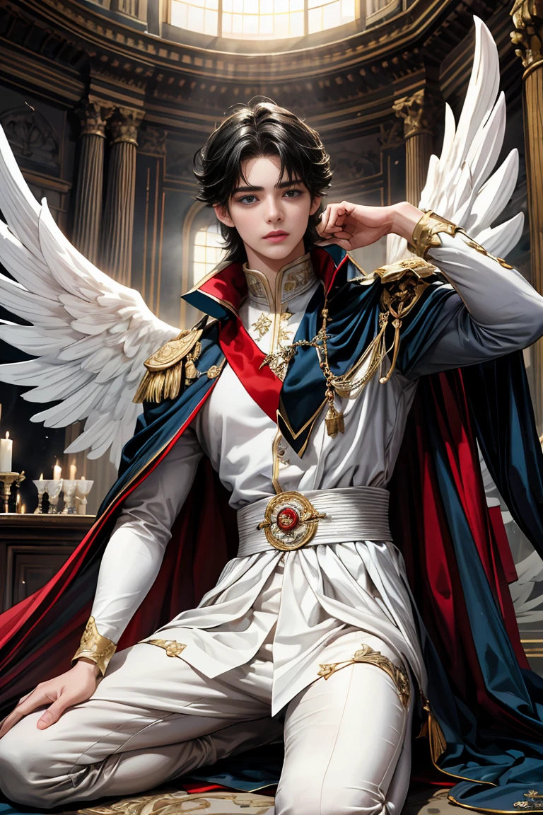 masterpiece, 最high quality, high quality, 1 boy, alone, Male focus, Watching the audience, Messy black hair, Adorable big blue eyes, White, Noble, Noble, Beautiful angel、A very big, very big, very big, very long, long red and black cape made with a lot of fabric that reaches all the way down to the floor, ,Cute beautiful boys,Cute, cute, kind, handsome guy