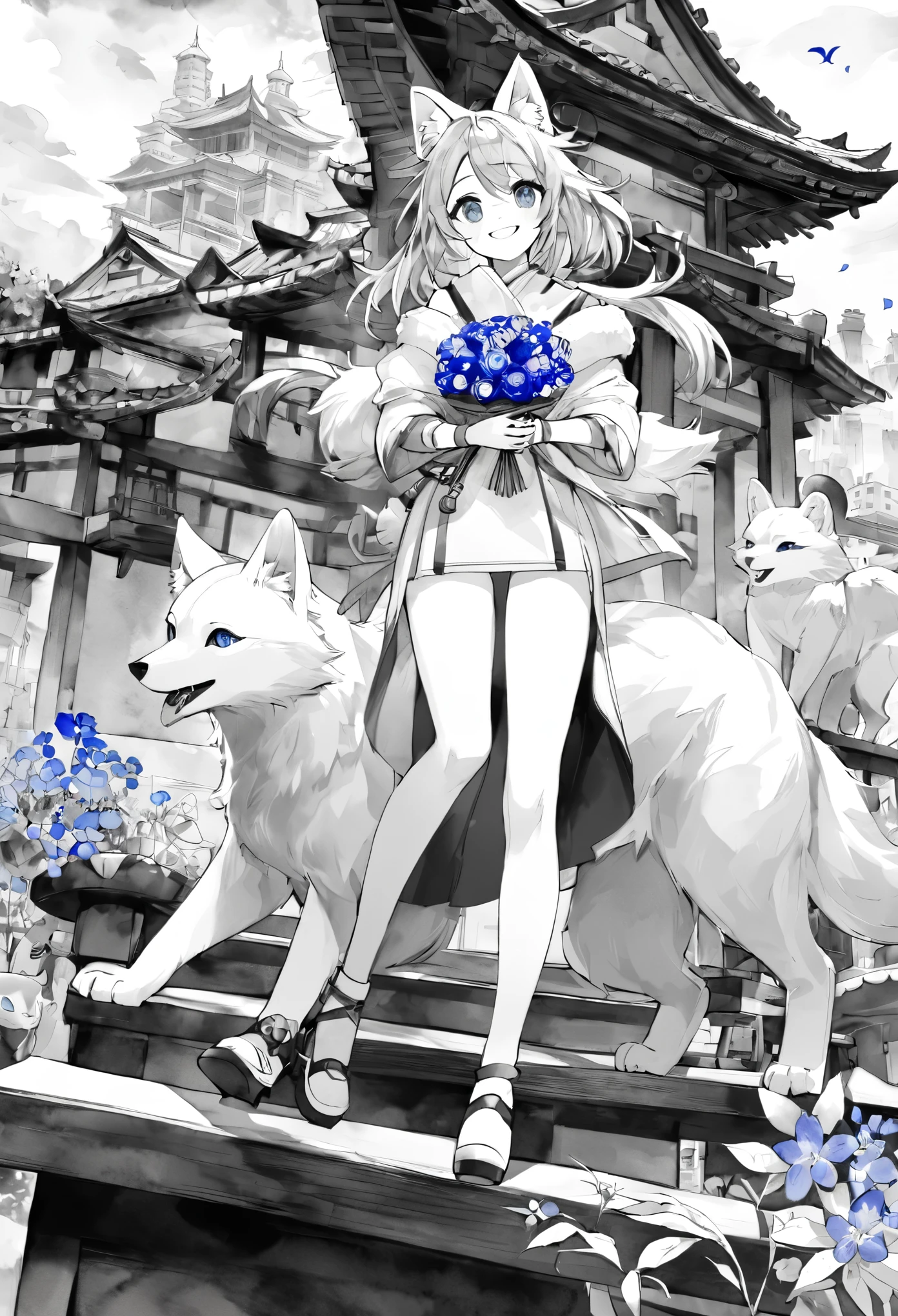 monochrome, watercolor, highres, top quality, best quality, paid reward available, High-quality illustrations, unparalleled masterpiece, perfect artwork, absurdres, 1girl, kemono, furry, detailed body fur, animal face, animal hand, Archaic Smile, holding a cluster of sky blue flower in both hands, which are positioned at chest level, She is wearing a simple ring on the ring finger of her left hand, unfocused spread of sky blue flower, fan-created work shared on platforms Pixiv or Twitter,