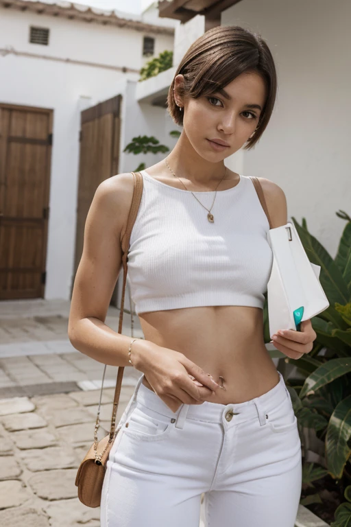 obra de arte, (absurdos, high resolution, ultra detalhado) Brazilian girl, short hair wearing white jeans and white top, looking at cell phone,