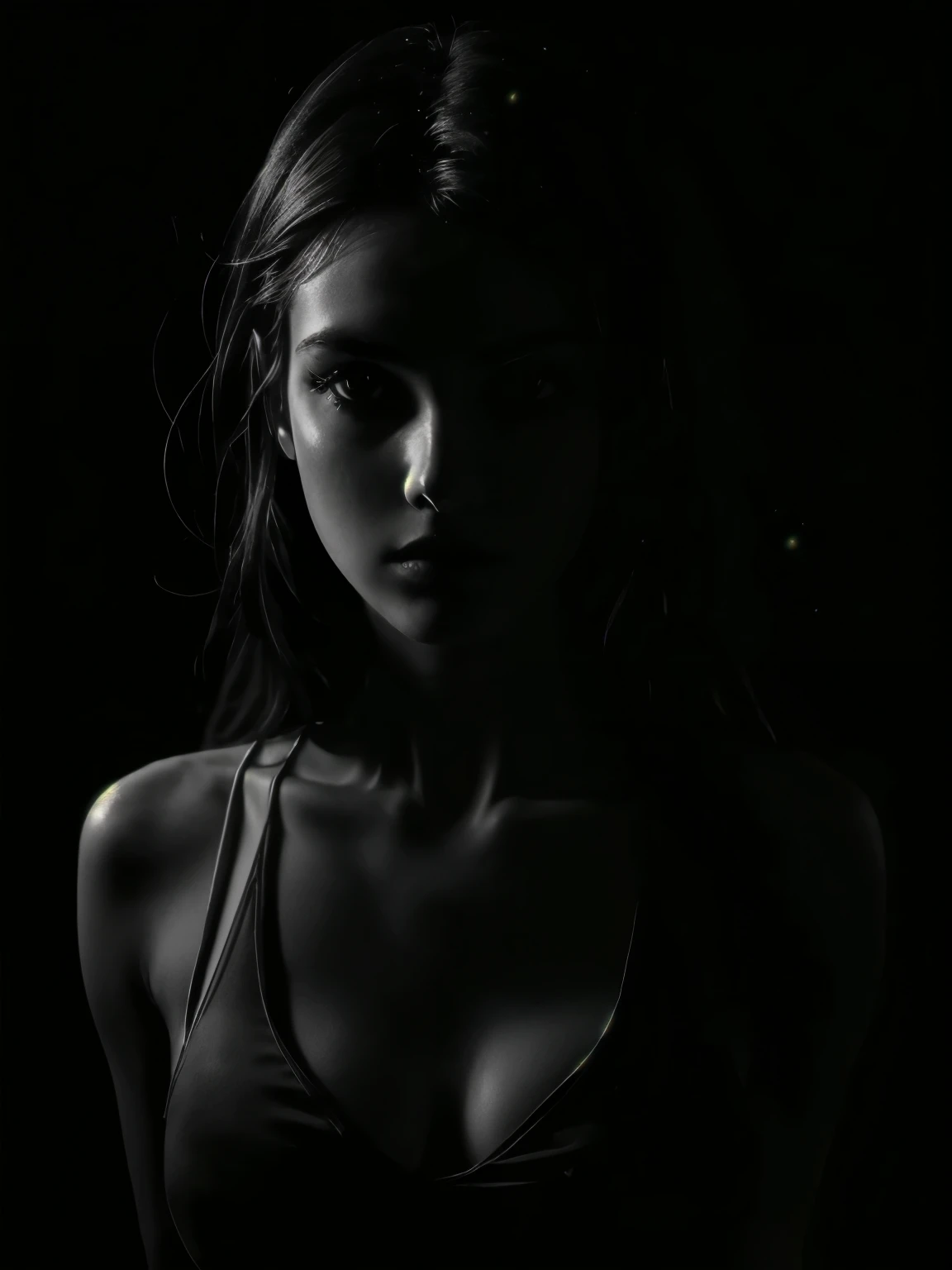 1girl (upper body) closeup model (best shadow, dramatic lighting) ( masterpiece, photorealistic) (best quality), black and white theme. high contrast