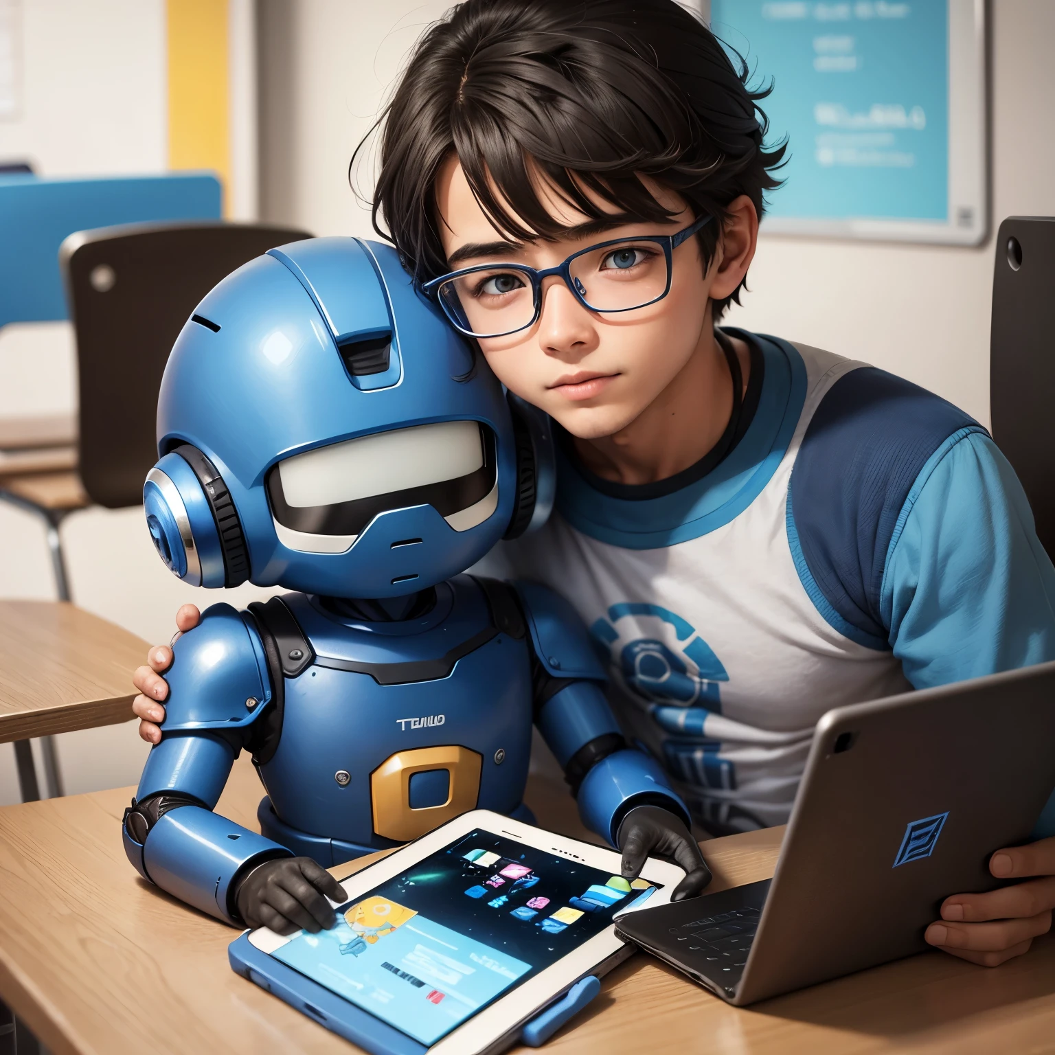Alunos de uma escola, with one of them down syndrome, and a blue robot, one of the students with a technological tablet in his hand, tudo em Cartoon realista.