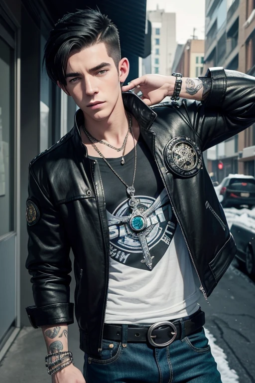 Drake Bell 20-year-old boy with open black jacket, blue t-shirt with snow print, short black hair, punk style, yellow locks, black jeans, green eyes, black leather belt, silver buckle, slim muscular build, cross medallion, silver bracelet, looking straight at the viewer