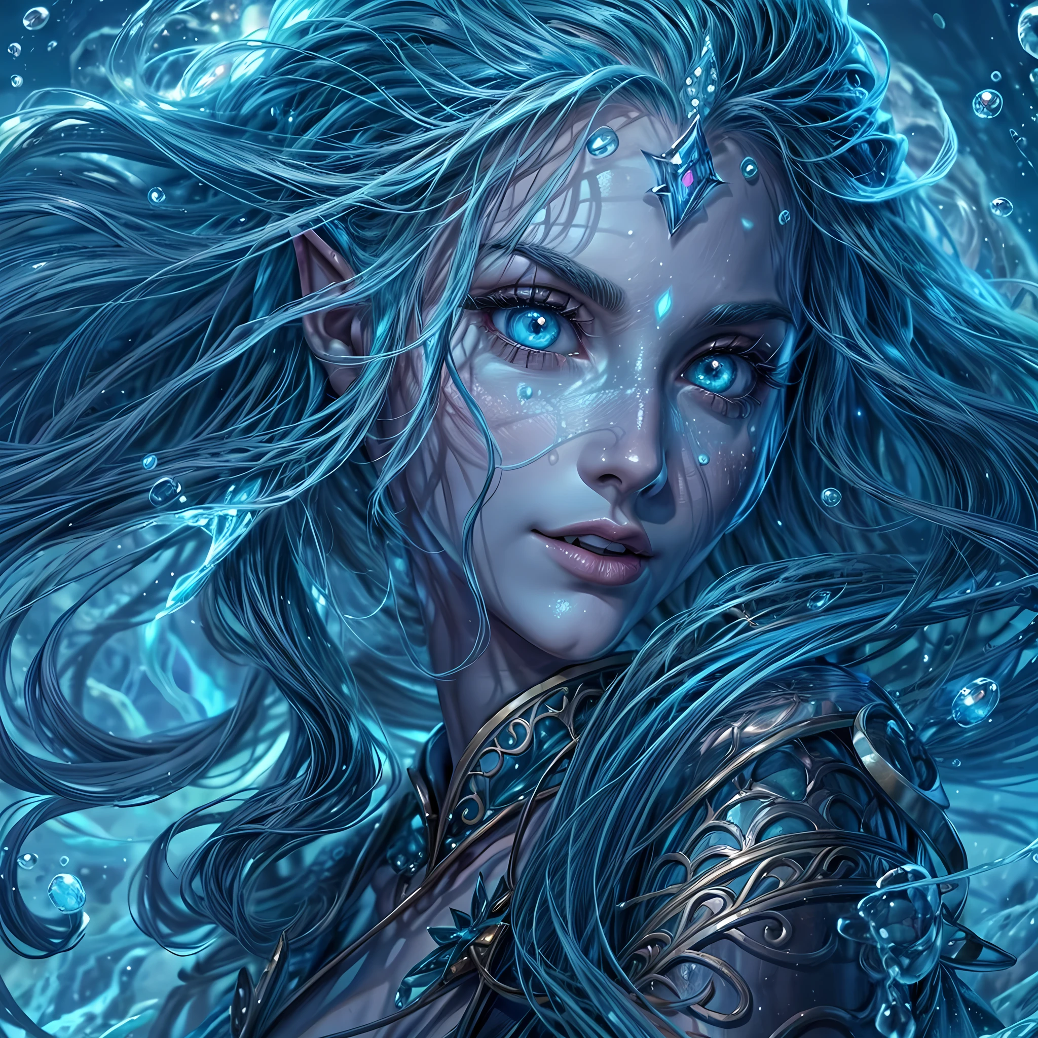 high details, best quality, 16k, [ultra detailed], masterpiece, best quality, (extremely detailed), dynamic angle, ultra wide shot, RAW, photorealistic, fantasy art, dnd art, rpg art, realistic art, an ultra wide picture of a sea elf (1.5 intricate details, Masterpiece, best quality) water mage casting ((water control spell)), water wizard ((water magic, intense magic details)), (( controlling a swirling mass of water)), magical symbols, female sea elf, blue skin, green hair, long hair, swirling hair, intense eyes, small pointed ears, ((blue eyes)), ((glowing eyes)), armed with magical wand, wearing sea shell clothing, beautiful elf, underwater background, rich underwater life, ((magical atmosphere)), fish and sea weeds, high details, best quality, highres, ultra wide angle