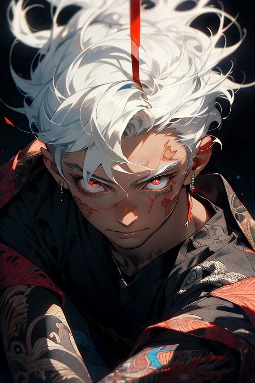 Realism, masterpiece, best quality, beauty and aesthetics, very detailed, fractal art, colorful, most detailed, zentangle, abstract background: 1.5, 1 boy: 1.3, god, white hair, short hair, glowing red eyes, mysterious, magical, ice, handsome man, asian style