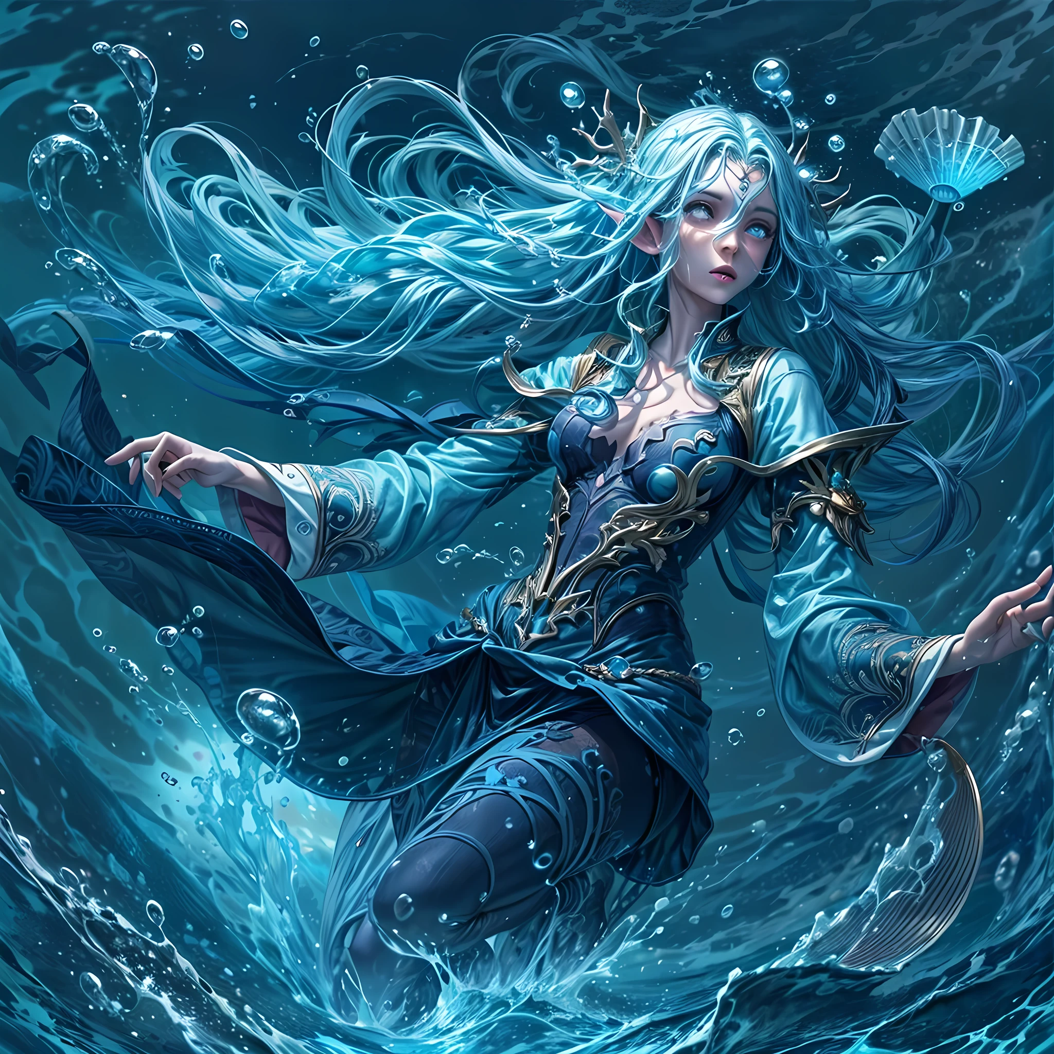 high details, best quality, 16k, [ultra detailed], masterpiece, best quality, (extremely detailed), dynamic angle, ultra wide shot, RAW, photorealistic, fantasy art, dnd art, rpg art, realistic art, an ultra wide picture of a sea elf (1.5 intricate details, Masterpiece, best quality) water mage casting ((water control spell)), water wizard ((water magic, intense magic details)), (( controlling a swirling mass of water)), magical symbols, female sea elf, blue skin, green hair, long hair, swirling hair, intense eyes, small pointed ears, ((blue eyes)), ((glowing eyes)), armed with magical wand, wearing sea shell clothing, beautiful elf, underwater background, rich underwater life, ((magical atmosphere)), fish and sea weeds, high details, best quality, highres, ultra wide angle