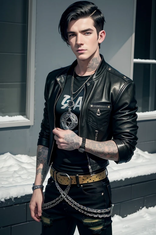 Drake Bell 20-year-old boy with open black jacket, blue t-shirt with snow print, short black hair, punk style, yellow locks, black jeans, green eyes, black leather belt, silver buckle, slim muscular build, cross medallion, silver bracelet, looking straight at the viewer