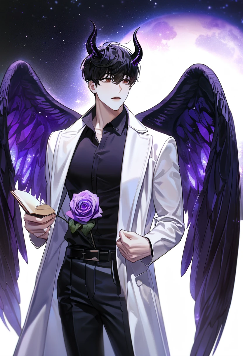 (absurdres, highres, ultra detailed, HDR) master piece, best quality, perfect face, Kim Dokja, black hair, expressive brown eyes, Omniscient reader's viewpoint, solo, sexy man, handsome, white coat, black shirt, black pants, black horns, black angel wings, purple moon, purple flames, purple butterflies, purple roses, starry sky
