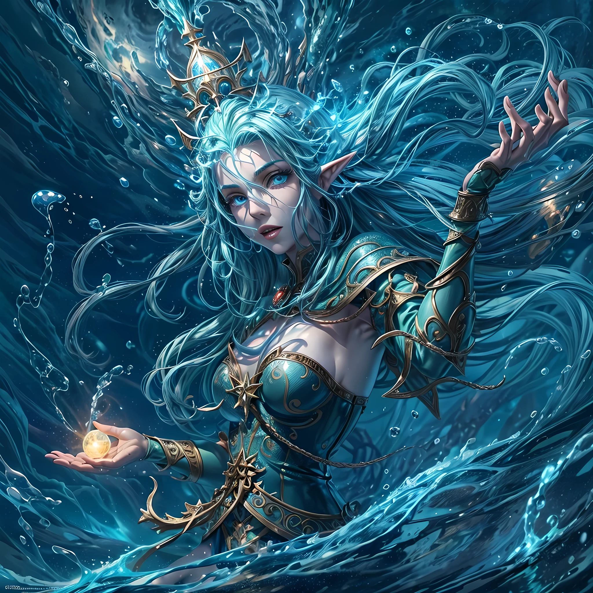 high details, best quality, 16k, [ultra detailed], masterpiece, best quality, (extremely detailed), dynamic angle, ultra wide shot, RAW, photorealistic, fantasy art, dnd art, rpg art, realistic art, an ultra wide picture of a sea elf (1.5 intricate details, Masterpiece, best quality) water mage casting ((water control spell)), water wizard ((water magic, intense magic details)), (( controlling a swirling mass of water)), magical symbols, female sea elf, blue skin, green hair, long hair, swirling hair, intense eyes, small pointed ears, ((blue eyes)), ((glowing eyes)), armed with magical wand, wearing sea shell clothing, beautiful elf, underwater background, rich underwater life, ((magical atmosphere)), fish and sea weeds, high details, best quality, highres, ultra wide angle