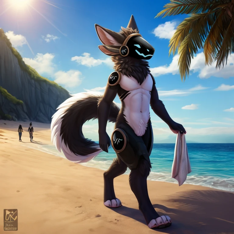 A tall, twink, femboy protogen with fluffy half black and half white fur covering his body, four ears, big fluffy tail, white face on visor, nude, walking along a beach, alone, sunny day, best quality, 4K, UHD, masterpiece, pawpads, black pawpads, owo face,