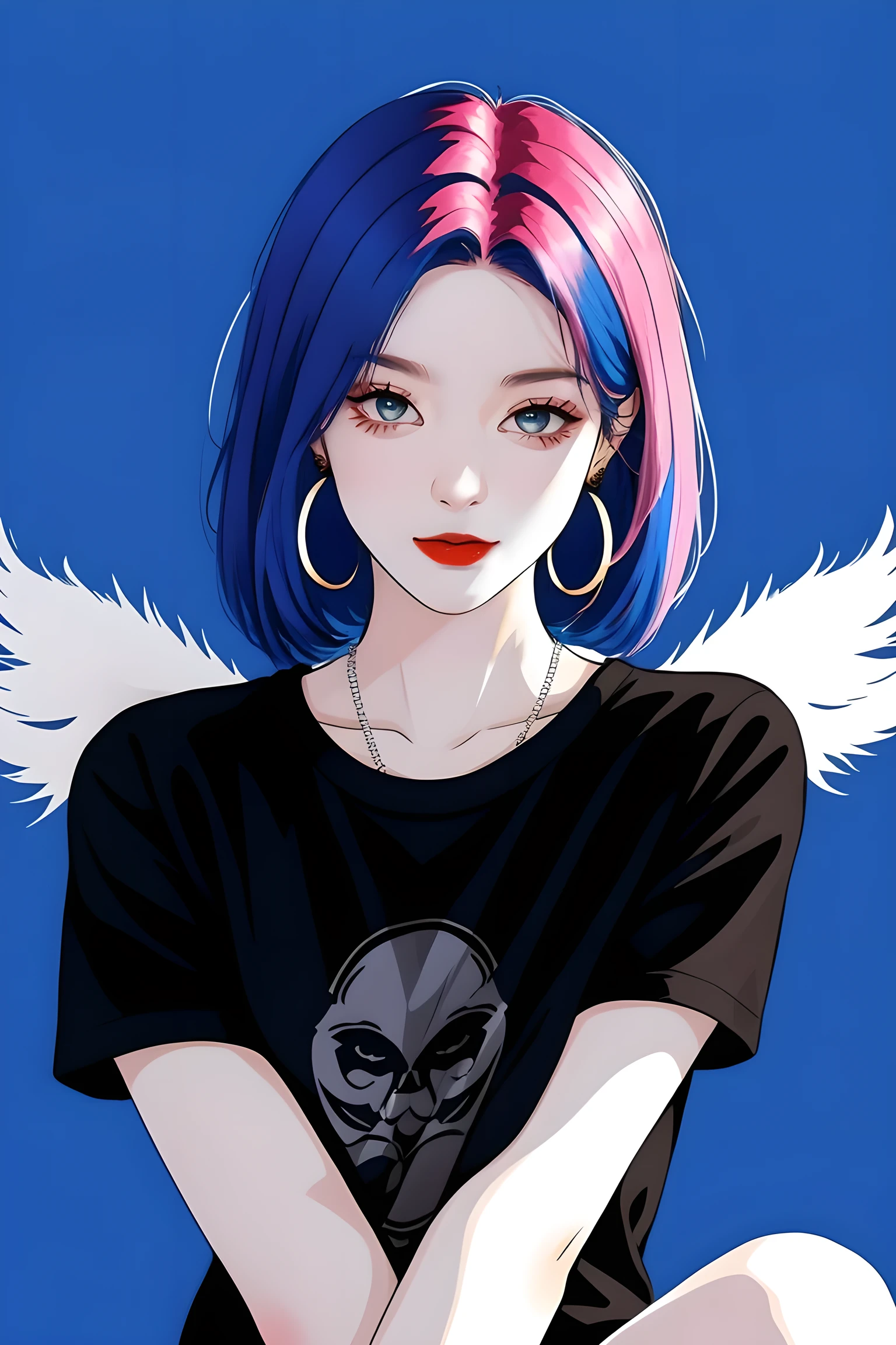 1 cute girl,colorful hair,straight_hair,short hair,hair wings,hoop_earrings,blue eyes,black short sleeve T-shirts,solid color background, cold expression, simple background, minimalist, evil smile, facing the camera, looking at the audience