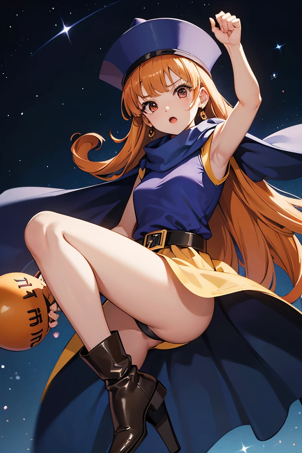 1 girl、High resolution、masterpiece、(alena-dq4、DQ4-ALENA、Orange straight hair)、Short stature、Thin thighs、Thin legs、Small shoulders、slender、Muscular、(bedroom)、(hat、dress、Big slit、White panties、Cape、belt、Black tights、Leather boots)、Night Grassland、attacking with a kick、Attacking with the legs、Crouch and kick
