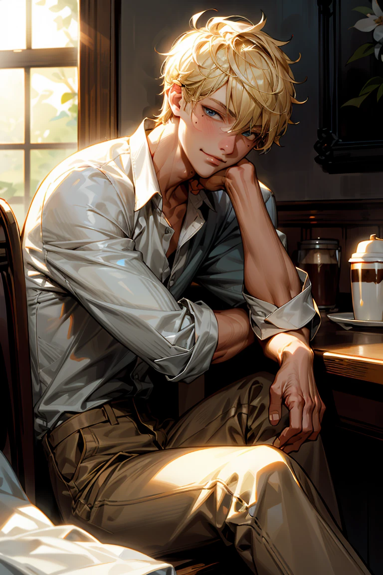 1boy, blonde hair, blue eyes, closed mouth, shirt with collar, dappled sunlight, Day, flower, sheet, lips, looking at the side, looking at the side, male focus, taupe, mole under the eyes, exteriors, Portrait, Shirt, Short hair, solo, Sunlight, white  shirt,coffee,coffee house,cafes,coffee,full length,You can see everything,ah high ,A smirk on his face