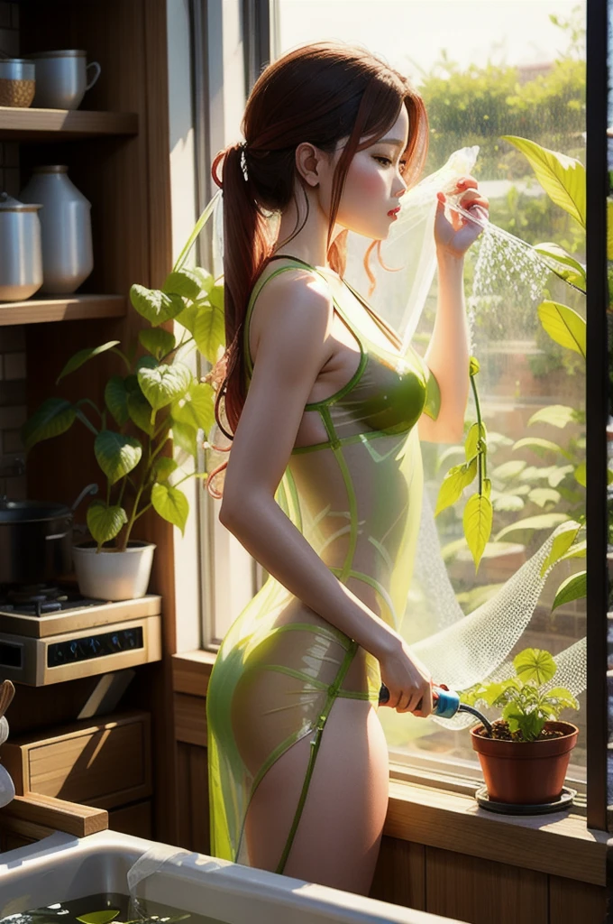 perfect body female in transparent silk body cloth watering plants on the kitchen window