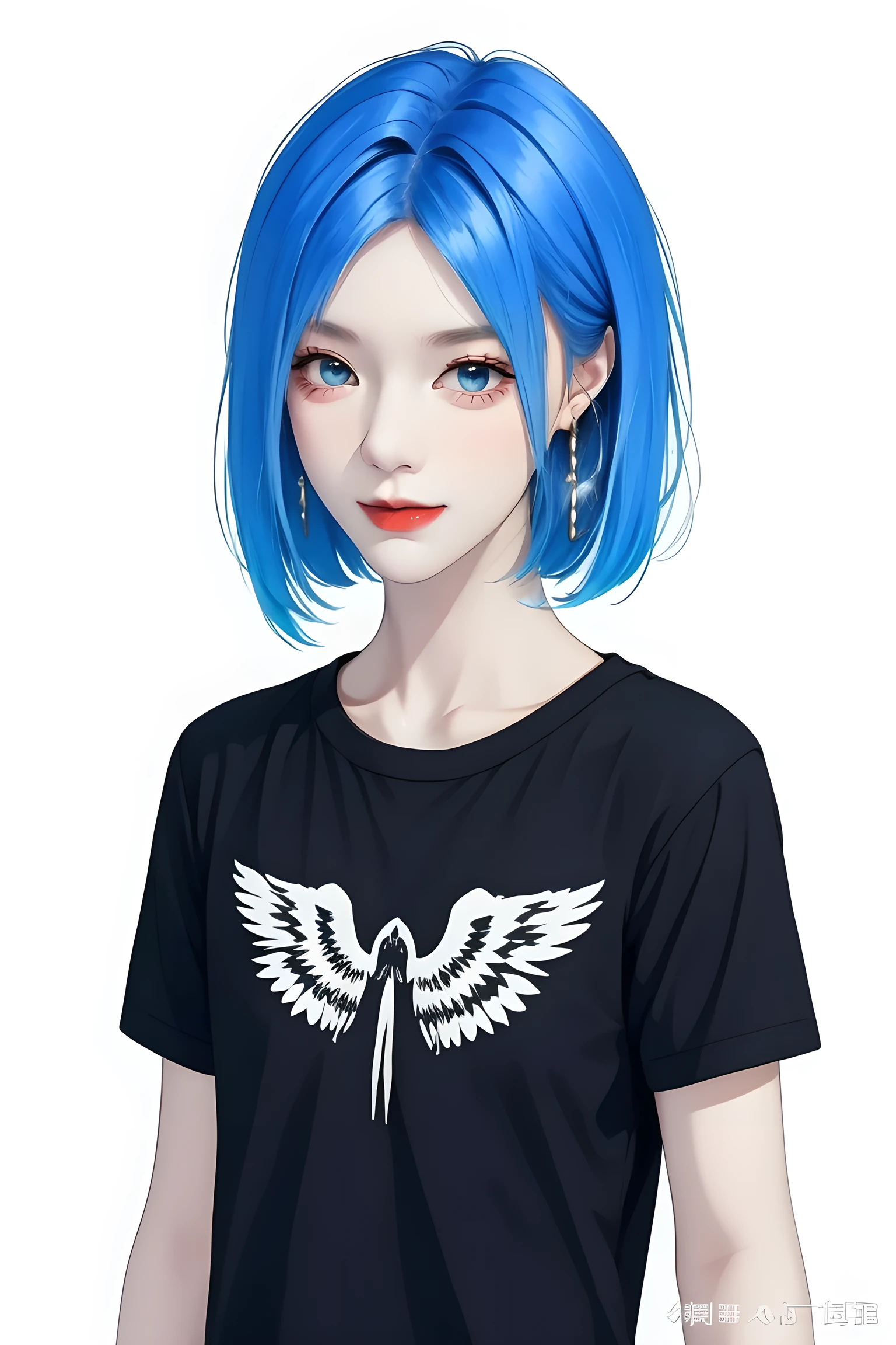 1 cute girl,colorful hair,straight_hair,short hair,hair wings,hoop_earrings,blue eyes,black short sleeve T-shirts,solid color background, cold expression, simple background, minimalist, evil smile, facing the camera, looking at the audience