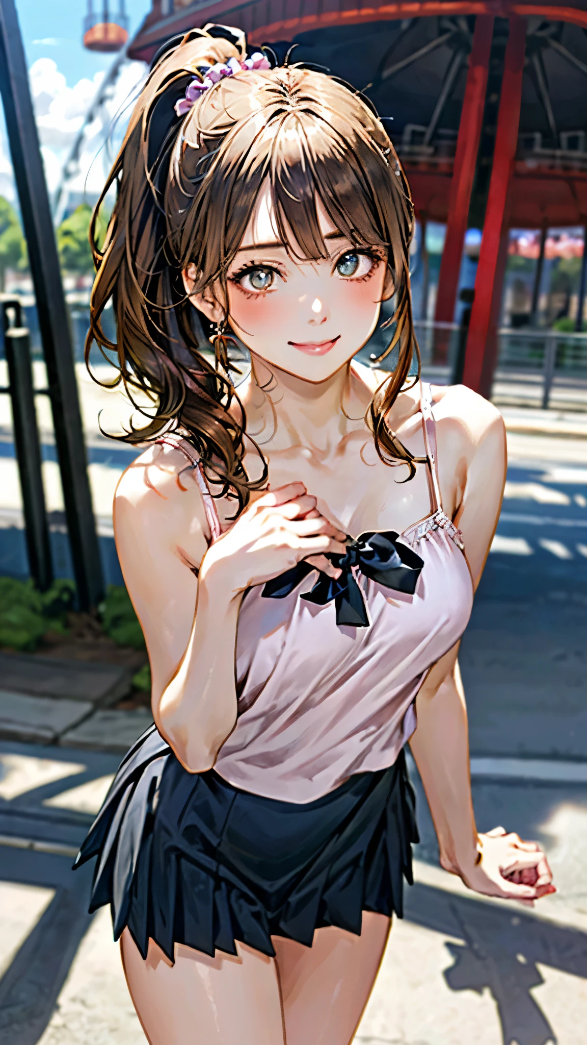 (masterpiece:1.3, top quality, ultra high resolution, very detailed), (realistic, photorealistic:1.4), beautiful picture, perfect lighting, natural light, fancy, depth of field, NFSW, 
looking at viewer, (face focus, upper body), 1 girl, bunny girl, cosplay, 14 years old, perfect face, (complete anatomy), cute and symmetrical face, baby face, glowing skin, ((very detailed skin)), 
(medium hair:1.7, twintail hair:1.5, blonde hair), hair between eyes, red eyes, long eye lashes, (big bust, Seductive thighs, big ass), 
beautiful hair, beautiful face, beautiful and delicate eyes, beautiful collarbone, beautiful body, beautiful breasts, beautiful thighs, beautiful bridge, beautiful fingers, 
((pink bunny girl)), rabbit necklace, cuffs, (fishnet stockings), high heel, 
(beautiful scenery), day time, (casino), squatting, (lovely smile, upper eye), 