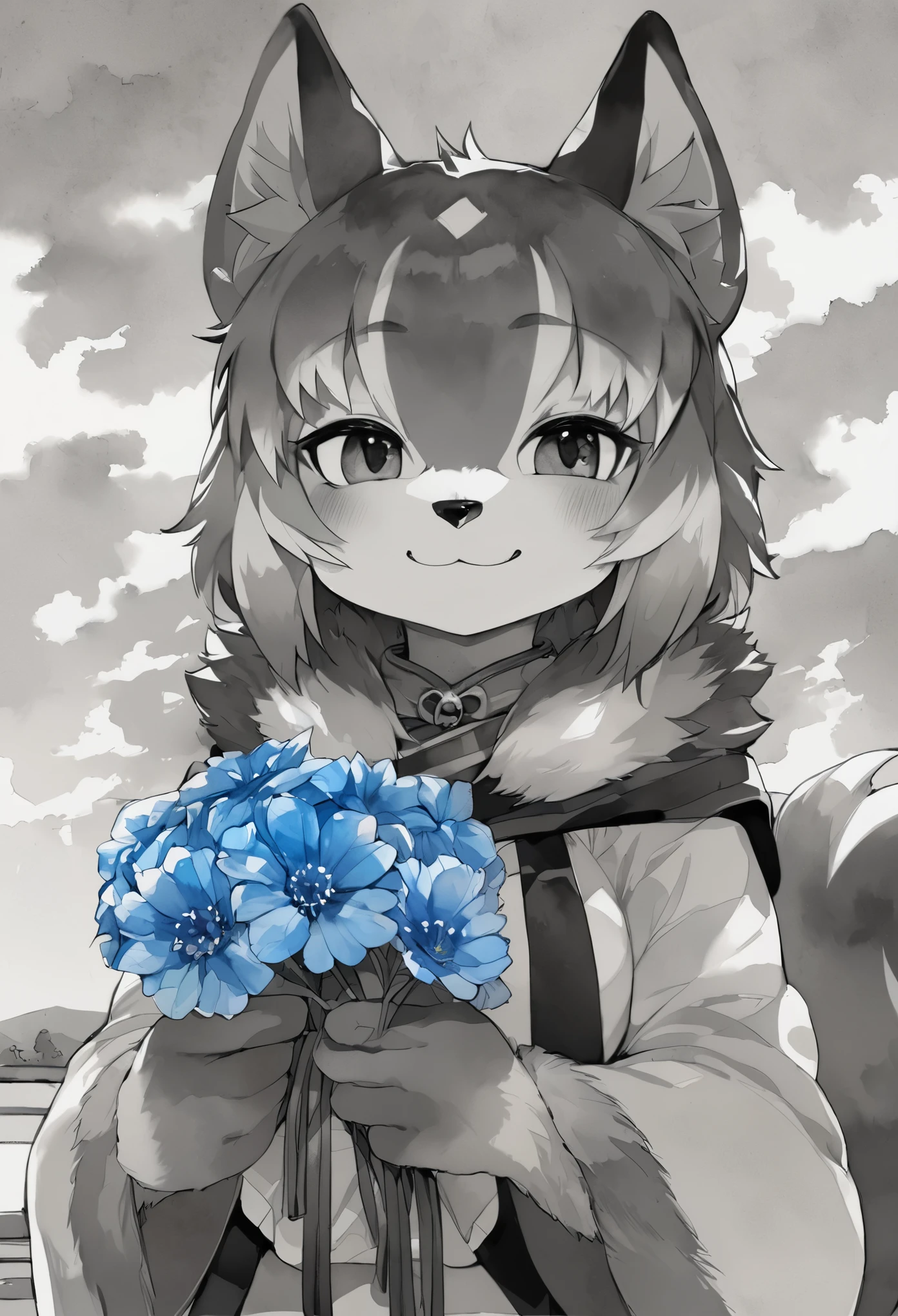 monochrome, watercolor, highres, top quality, best quality, paid reward available, High-quality illustrations, unparalleled masterpiece, perfect artwork, absurdres, 1girl, kemono, furry, detailed body fur, animal face, animal hand, Archaic Smile, holding a cluster of sky blue flower in both hands, which are positioned at chest level, She is wearing a simple ring on the ring finger of her left hand, unfocused spread of sky blue flower, fan-created work shared on platforms Pixiv or Twitter,