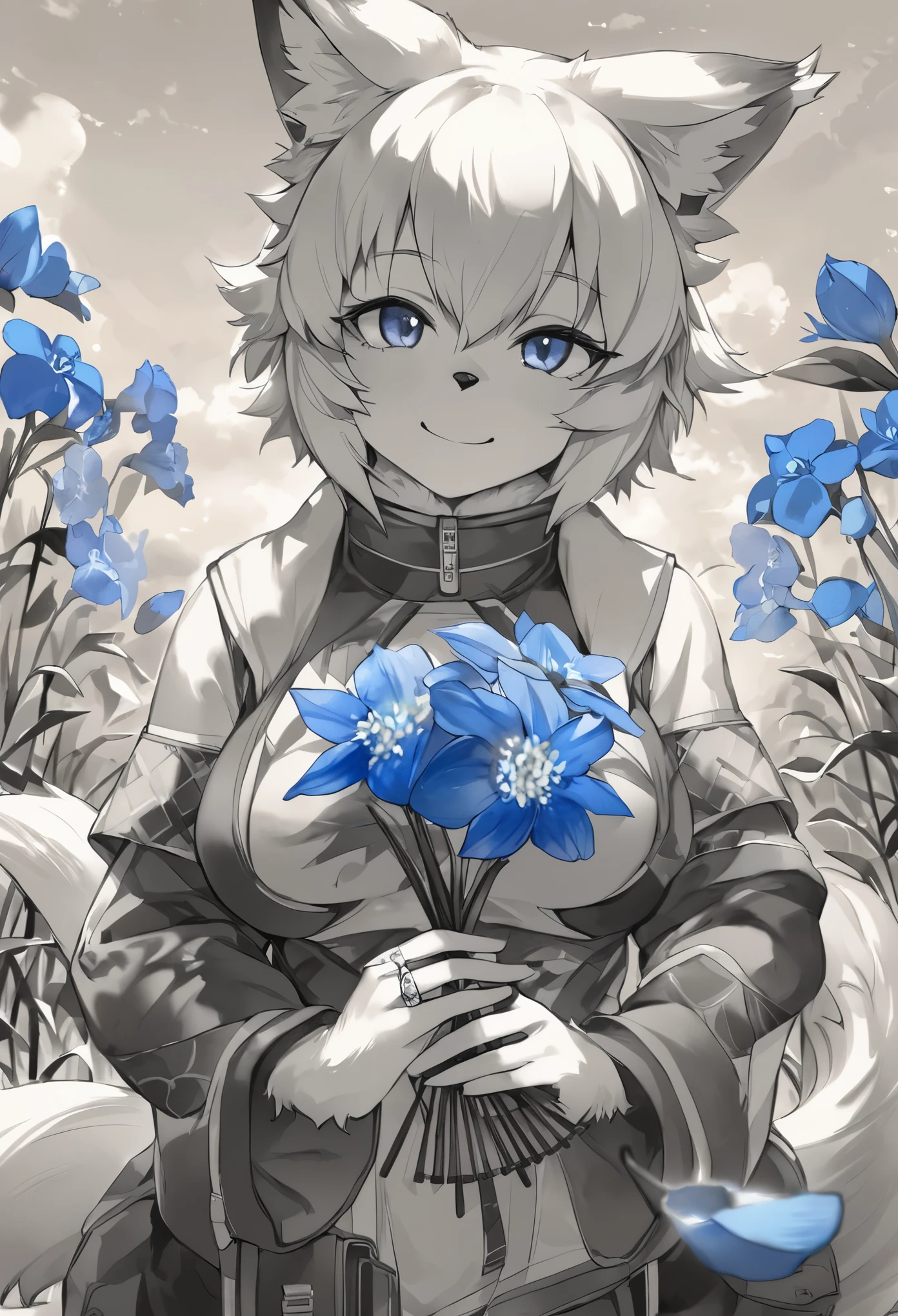 monochrome, watercolor, highres, top quality, best quality, paid reward available, High-quality illustrations, unparalleled masterpiece, perfect artwork, absurdres, 1girl, kemono, furry, detailed body fur, animal face, animal hand, Archaic Smile, holding a cluster of sky blue flower in both hands, which are positioned at chest level, She is wearing a simple ring on the ring finger of her left hand, unfocused spread of sky blue flower, fan-created work shared on platforms Pixiv or Twitter,