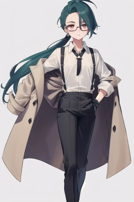 ((highest quality)), ((masterpiece)), (be familiar with),One girl,Chile,White Eyes,Earrings,Small breasts,Flat Chest,Black tie,shirt,White shirt,suspenders,Black gloves,Black trousers,shoes,good looking,Glasses,coat